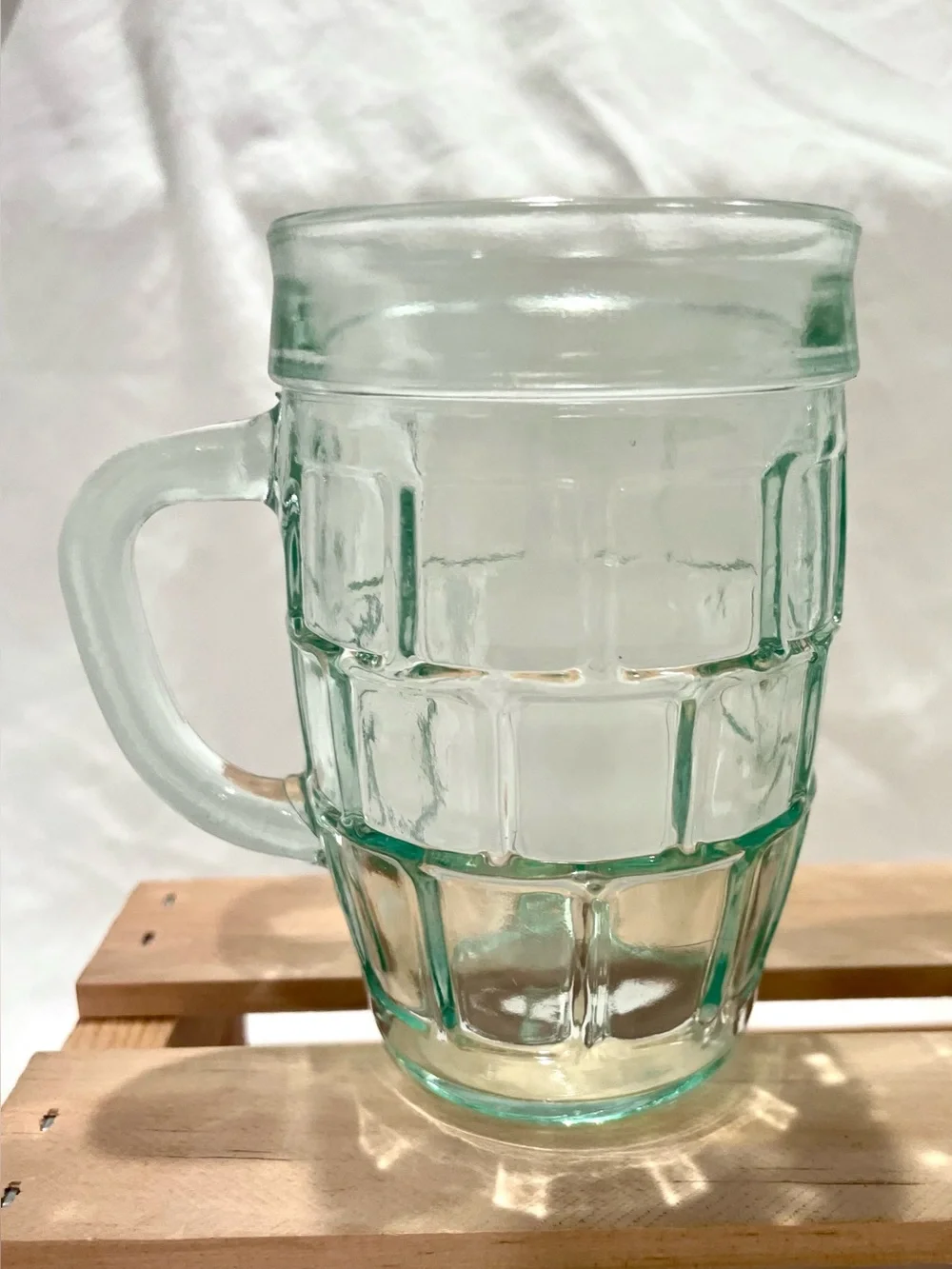 ☀️2/$20 Anchor Hocking Small Barrel Green-Tinted Vintage Glass Beer Mugs Set